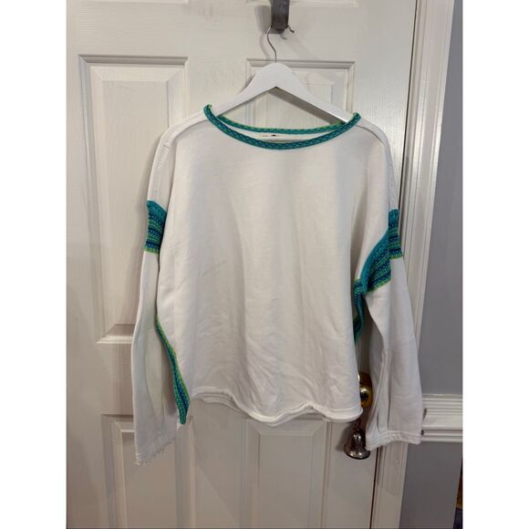 NATURAL LIFE Tops - Natural Life White Aqua Sweater Accented Rounded Hem Sweatshirt sz L\ XL EUC